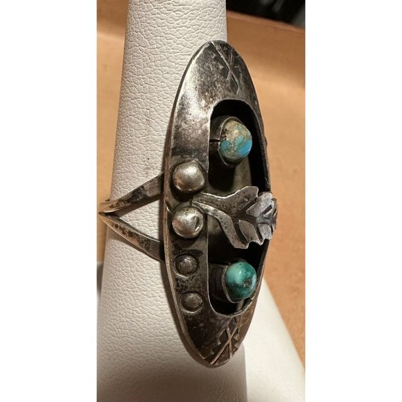 Vintage 1940s NAVAJO Sterling Silver Turqouise Etched Shadowbox Ring Size 7 - Picture 3 of 11